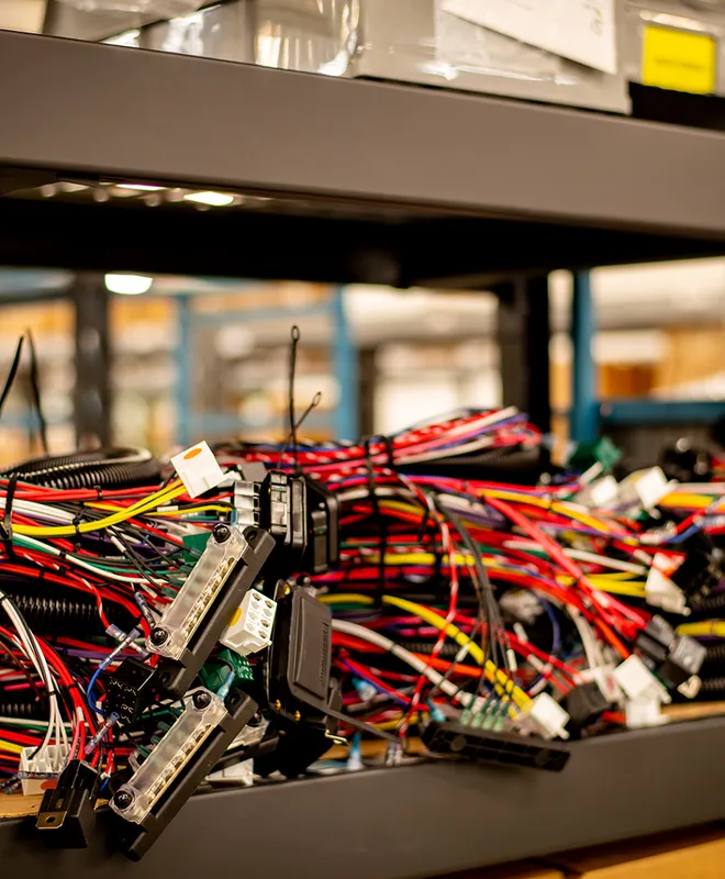 Labeled electrical cable assemblies and connectors organized on a production shelf.